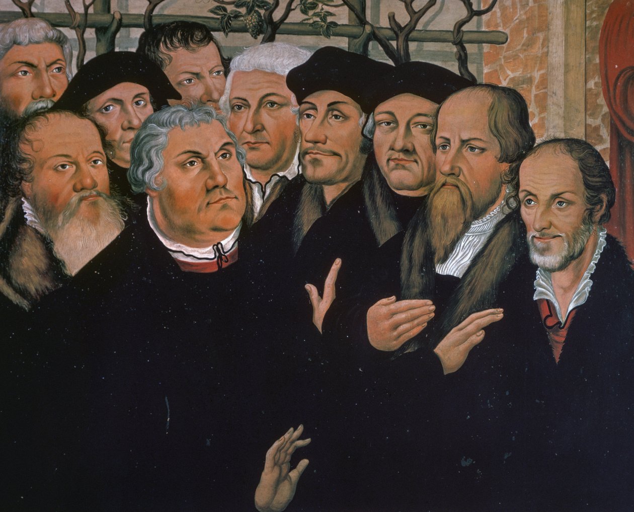 Luther Márton a protestáns reformáció képviselőivel, jobb oldalon Melanchthon, középen Rotterdami Erasmus, részlet Lázár feltámadásából, Lucas Cranach Elder (1472-1553) festménye alkotó: Lucas the Elder Cranach