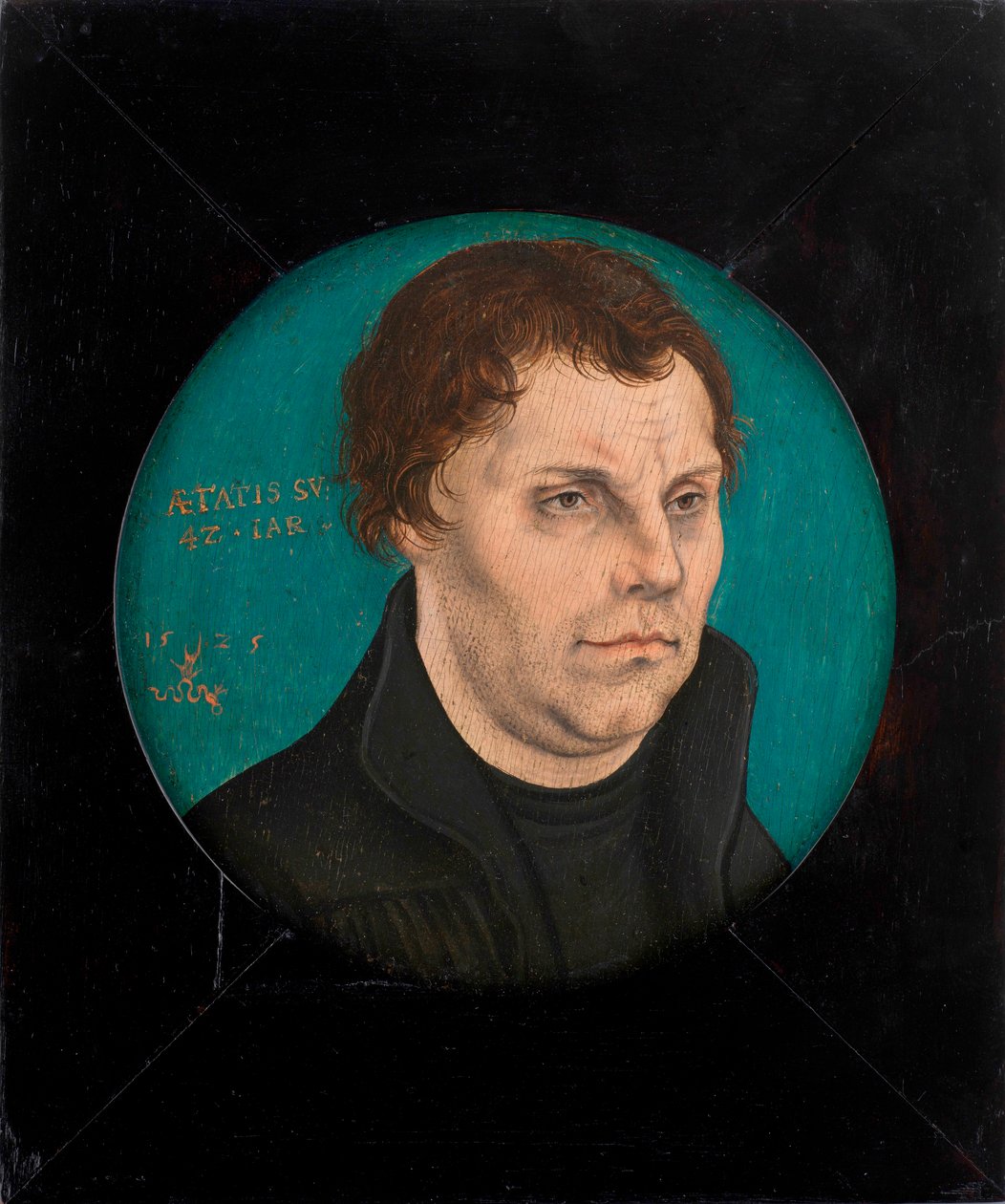 ""Luther Márton (1483-1546) portréja"" Idősebb Lucas Cranach (1472-1553) festménye Olaj, fa 1525 Átmérő 12,5 cm Magángyűjtemény alkotó: Lucas the Elder Cranach