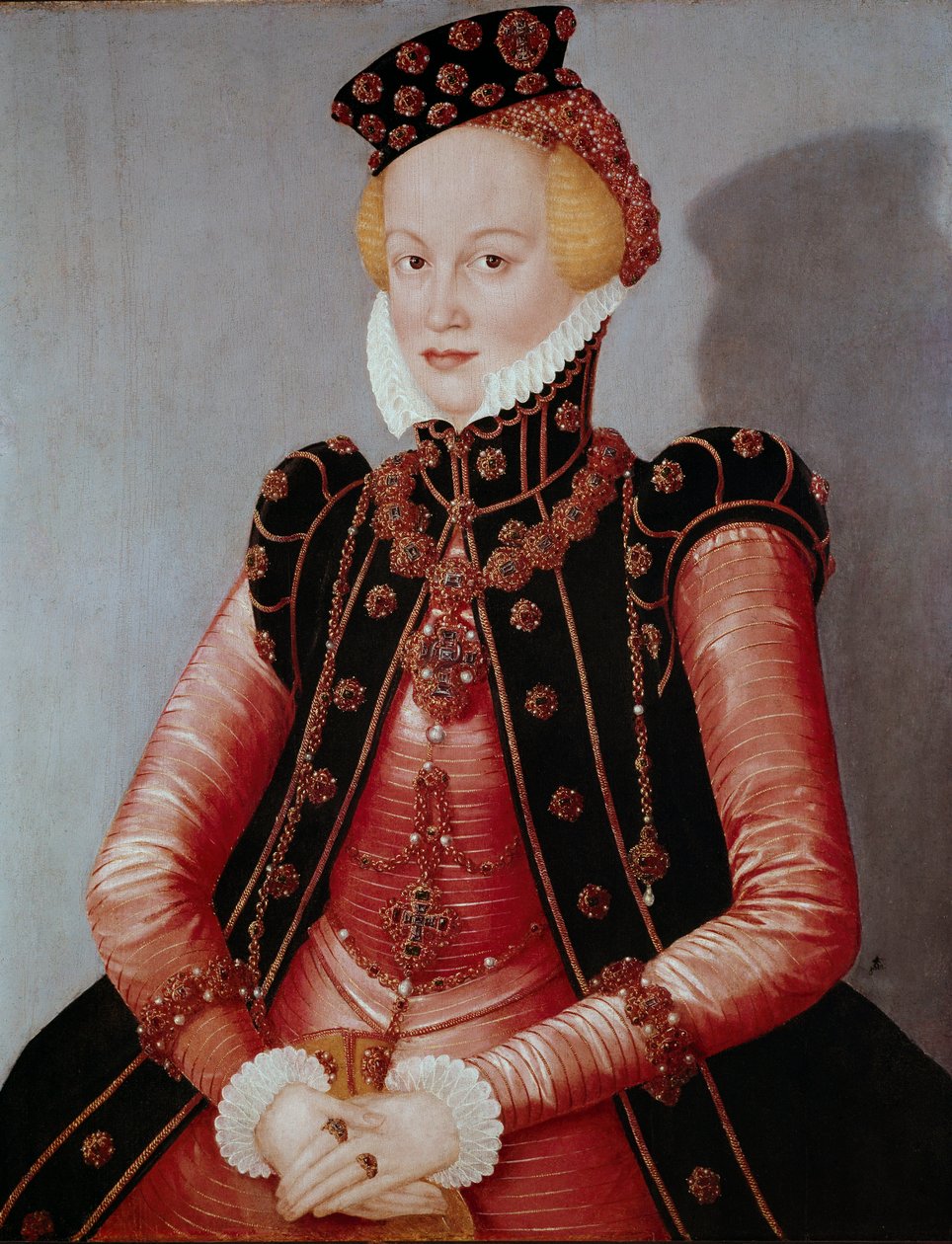 Lady portréja, fiatal nő gazdagon öltözött, kalapot és ékszer díszítést visel. Idősebb Lucas Cranach (1472-1553) festménye Dim. 87 x 69 cm München Alte Pinakothek alkotó: Lucas the Elder Cranach