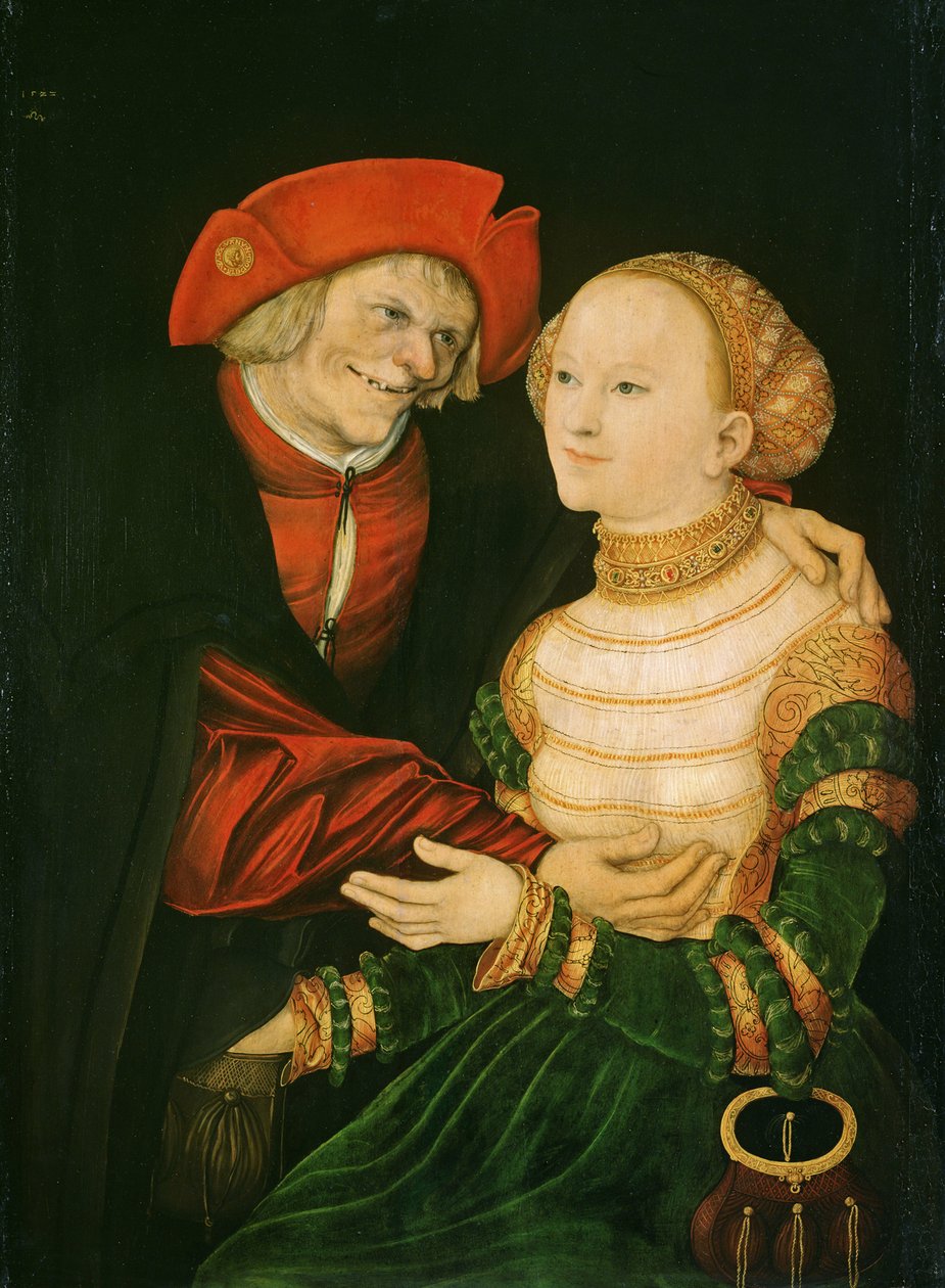 Az egyenlőtlen pár - Peinture de Lucas Cranach the Elder (1472-1553) - 1522 - Olaj, fa - 84,5x63 - Szepmuveszeti Múzeum, Budapest alkotó: Lucas the Elder Cranach