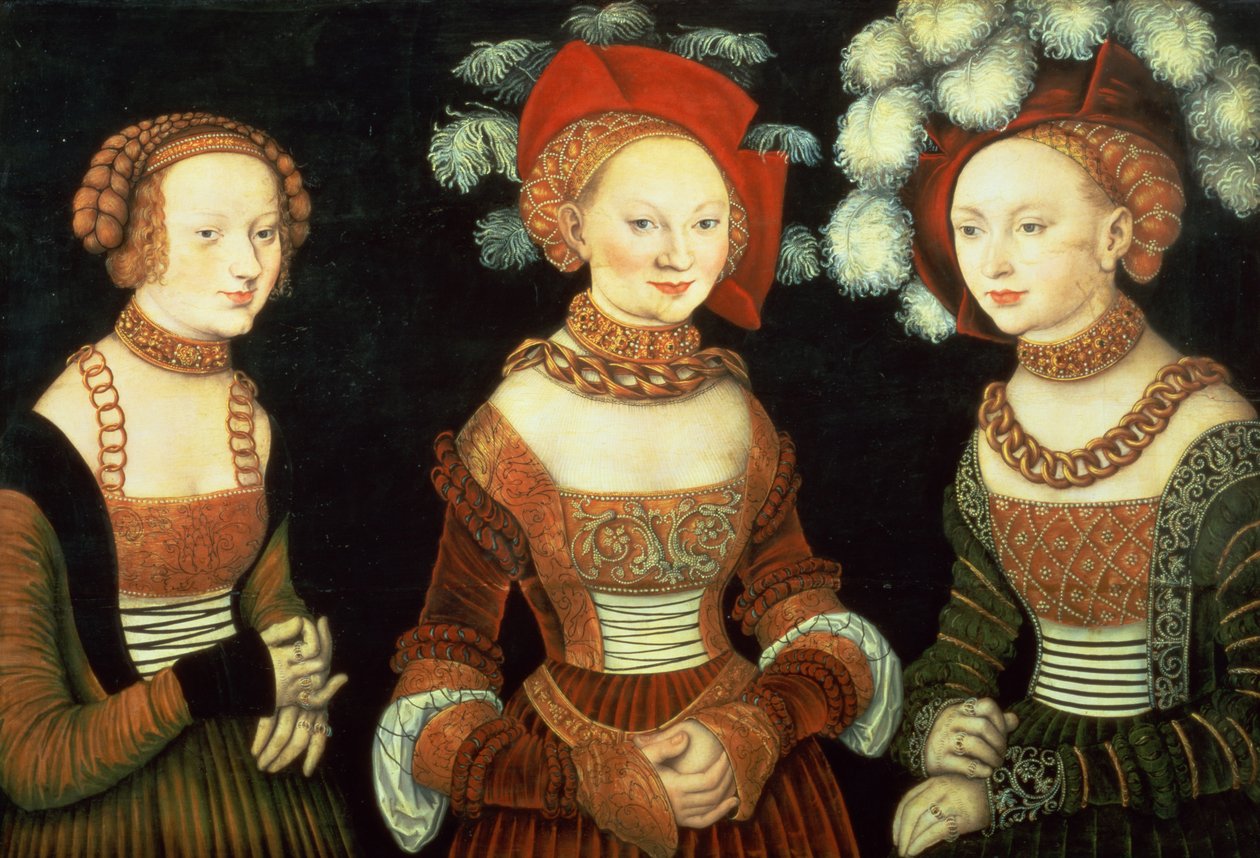 Szászország három hercegnője, Szibilla (1515-92), Emilia (1516-91) és Szidónia (1518-75), Frommen Heinrich herceg lányai, 1535 körül (panel) alkotó: Lucas the Elder Cranach