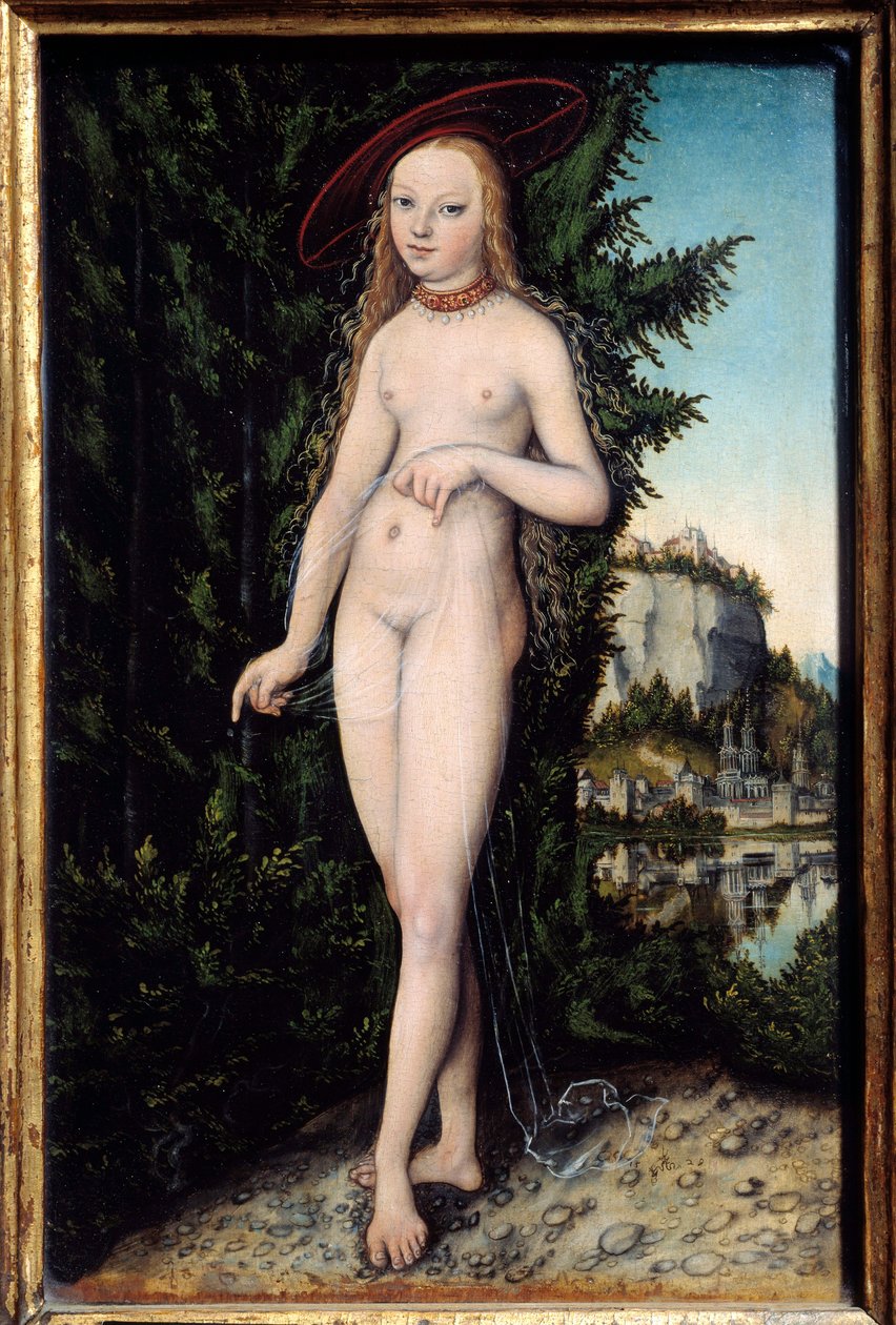 Tájképben álló Vénusz Idősebb Lucas Cranach (1472-1553) festménye 1529, Olaj, fa, Dim. 0,38x0,25 m - Vénusz egy tájban álló. Idősebb Lucas Cranach (1472-1553) festménye alkotó: Lucas the Elder Cranach