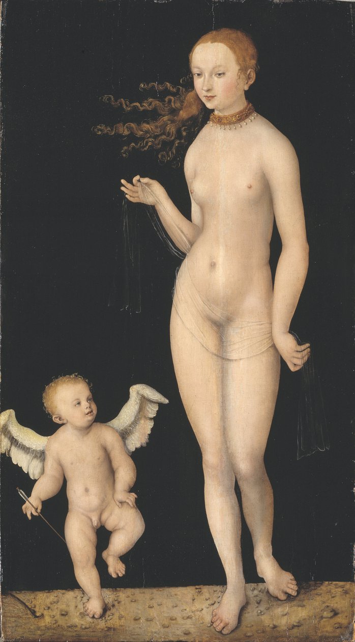 Venus et Cupidon – Vénusz és Ámor, írta Cranach, Lucas, az idősebb (1472-1553). Olaj, fa. Mérete: 90x49,5 cm. Nemzeti Múzeum Stockholm alkotó: Lucas the Elder Cranach