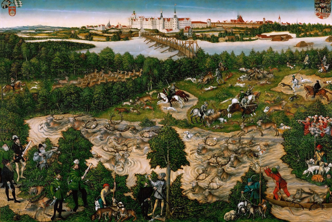 Vadászat V. Károly császár tiszteletére a Hartenfels-kastély közelében, Torgauban alkotó: Lucas the Younger Cranach