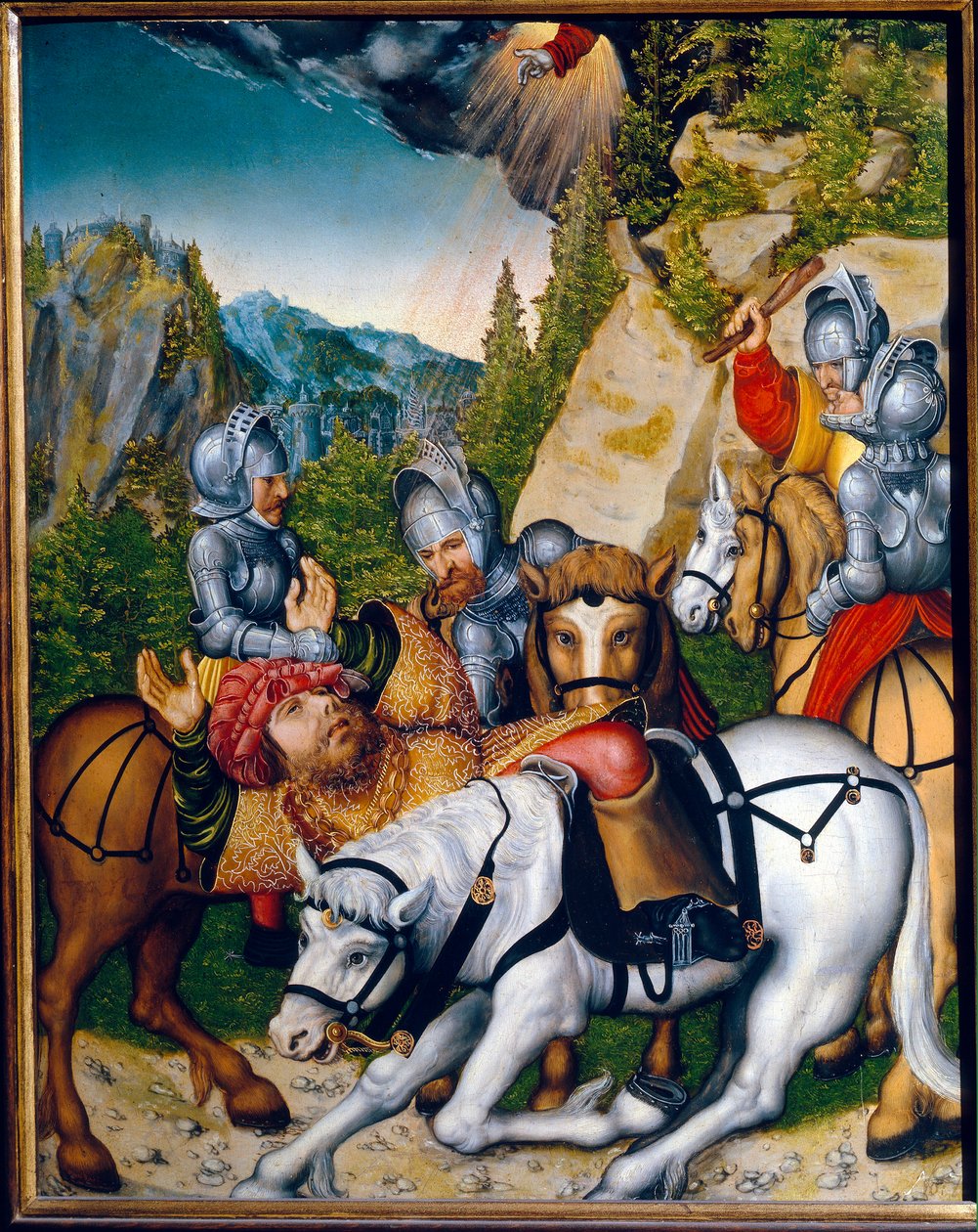 Megtérés a damaszkuszi úton (Szíria). (A megtérés a damaszkuszi úton). Tarzusi Szent Pál (Saul) (8-67 körül). Lucas Cranach ifjabb (1515-1586) festménye, olaj, fa. német művészet alkotó: Lucas the Younger Cranach