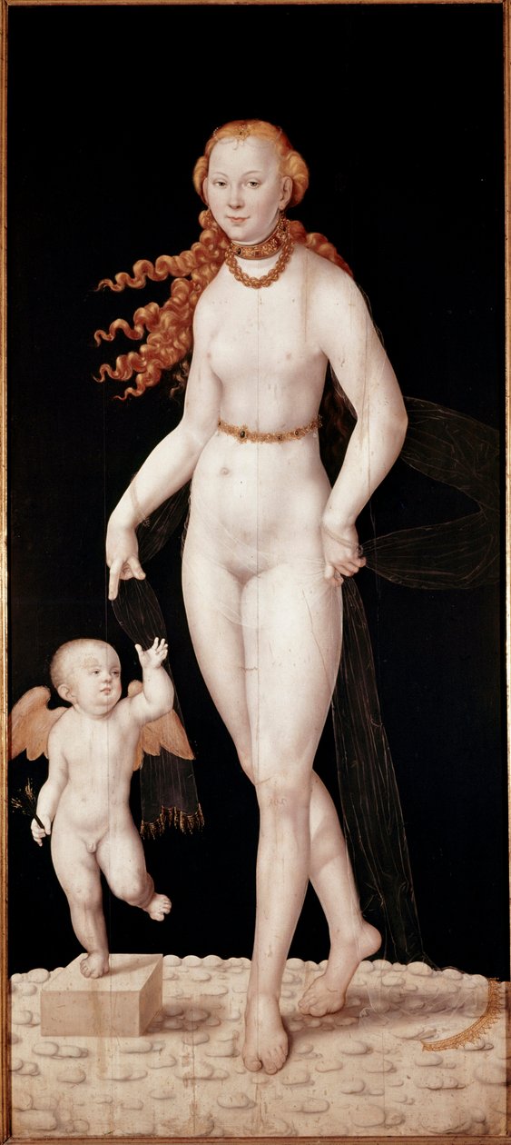 Lucas Cranach fiatal (1515-1586) Vénusz és Ámor festménye 1540 kb. Homályos. 196 x 89 cm München, Alte Pinakothek alkotó: Lucas the Younger Cranach