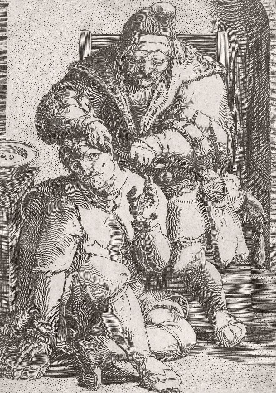 17. századi borbély sebész, aki a páciens fülét ápolja. alkotó: Lucas van (after) Leyden