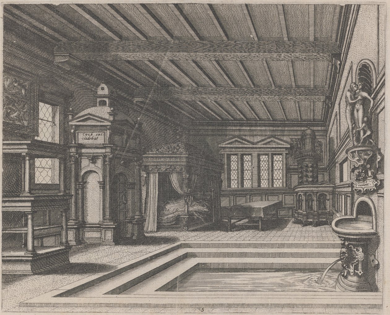 Belső svédasztallal, bejárati portállal és baldachinos ággyal alkotó: Lucas van Doetechum and Johannes