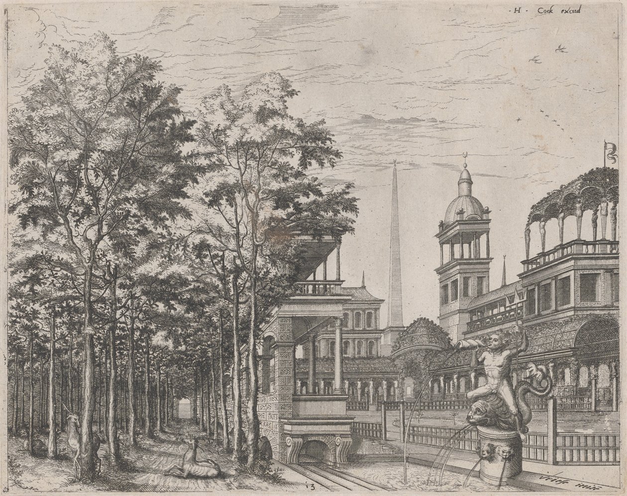 Táj fákkal, két szarvassal és a palota udvarával alkotó: Lucas van Doetechum and Johannes