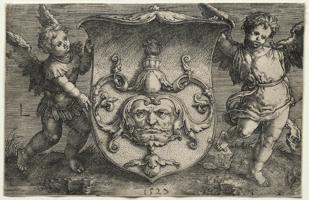 Két Genii által támogatott maszkot viselő pajzs alkotó: Lucas van Leyden