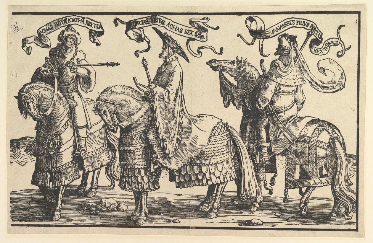 Akház, Ezékiás, Manasszes, Izrael tizenkét királyából, kb. 1520. alkotó: Lucas van Leyden
