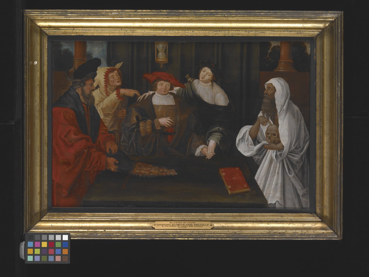 A hírnév és az ostobaság közötti ifjúság keresztezésének allegóriája (olaj, fa) alkotó: Lucas van Leyden