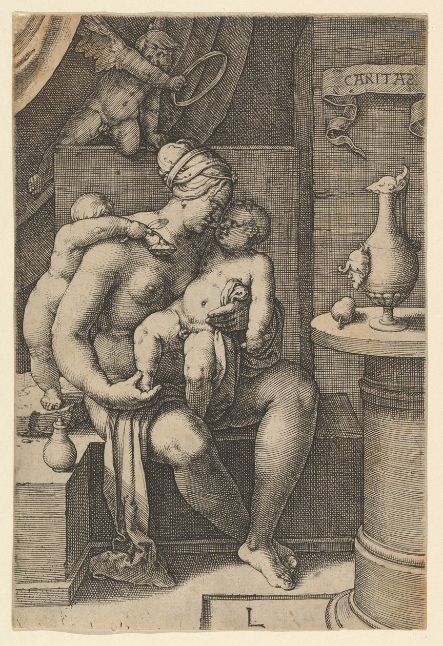 Jótékonyság, A hét erény című sorozatból, 1530. alkotó: Lucas van Leyden