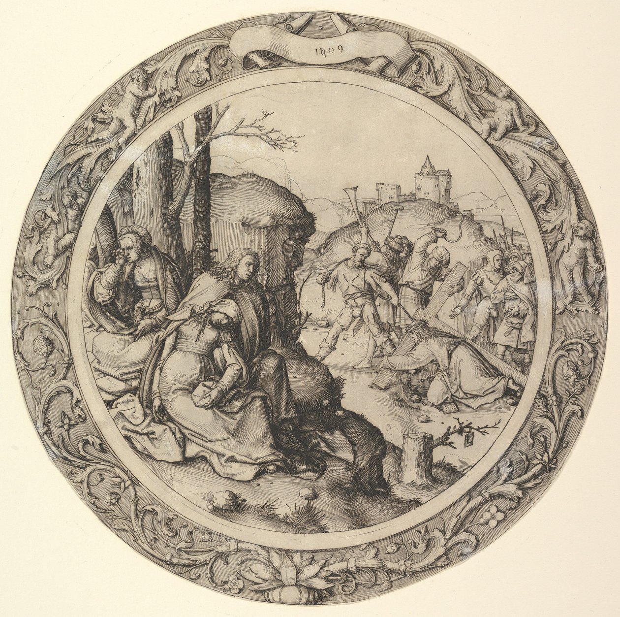 A keresztet hordozó Krisztus, a körkörös passióból, 1509. alkotó: Lucas van Leyden
