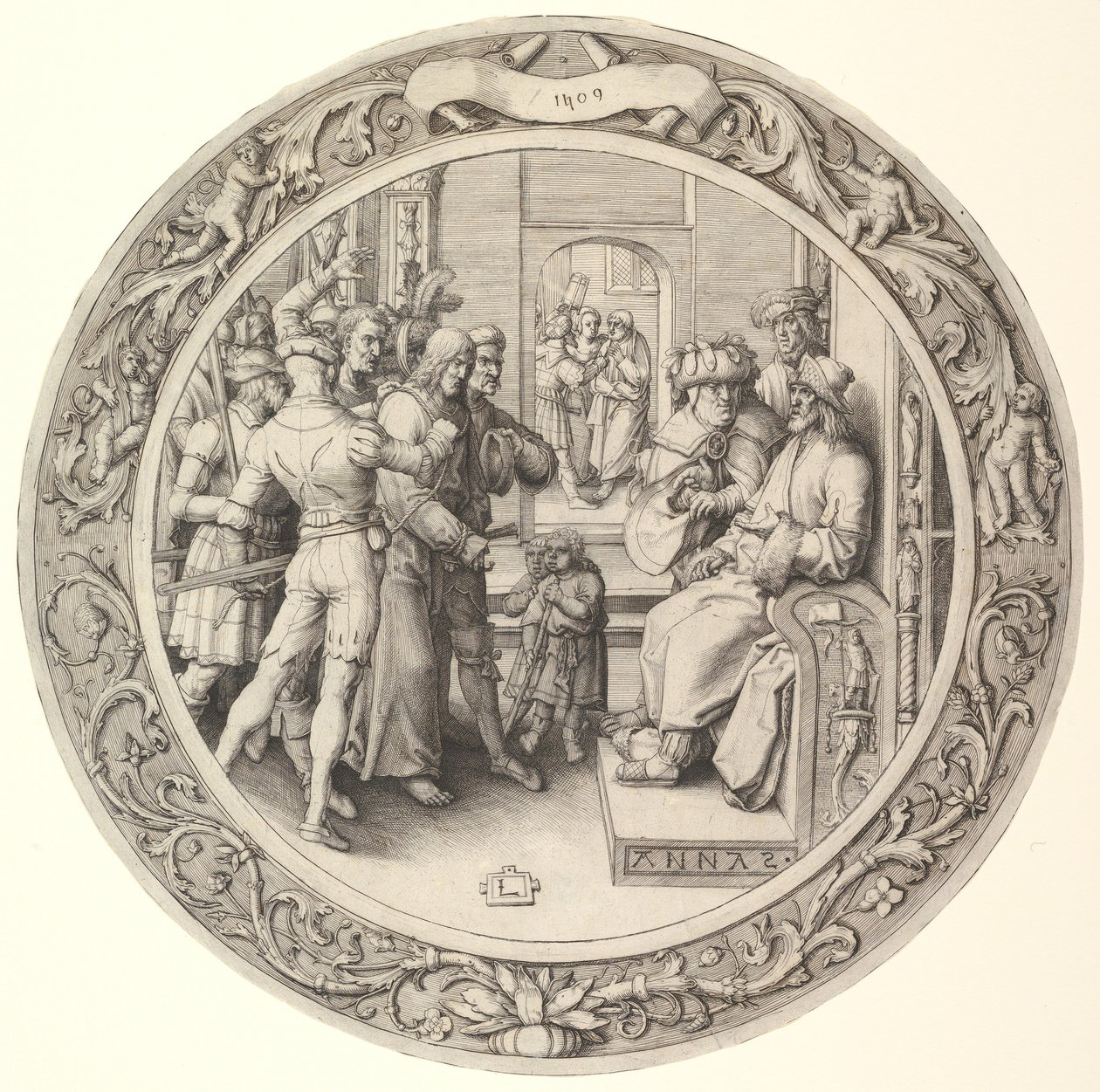 Krisztus Anna előtt, a körkörös passióból, 1509. alkotó: Lucas van Leyden
