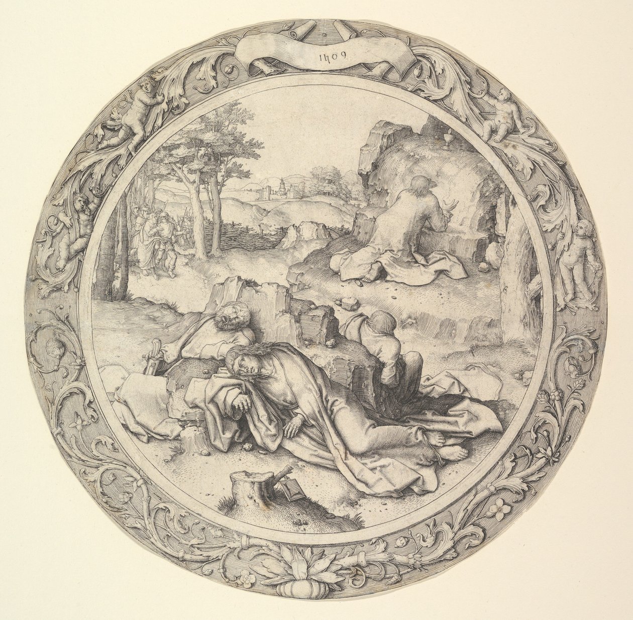 Krisztus az Olajfák hegyén, a körkörös passióból, 1509. alkotó: Lucas van Leyden