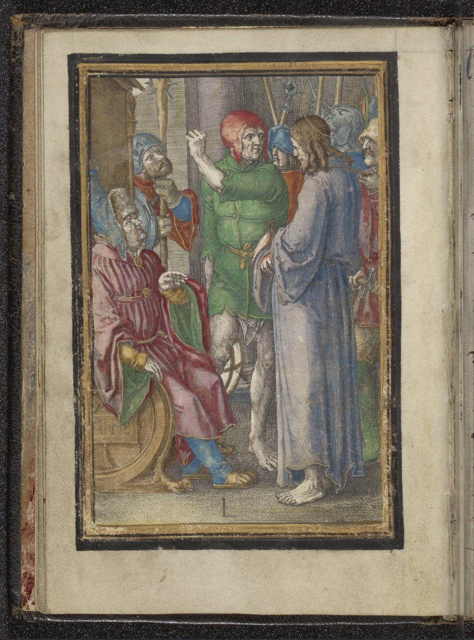 Krisztus Anna előtt Krisztus szenvedése (sorozat címe) alkotó: Lucas van Leyden