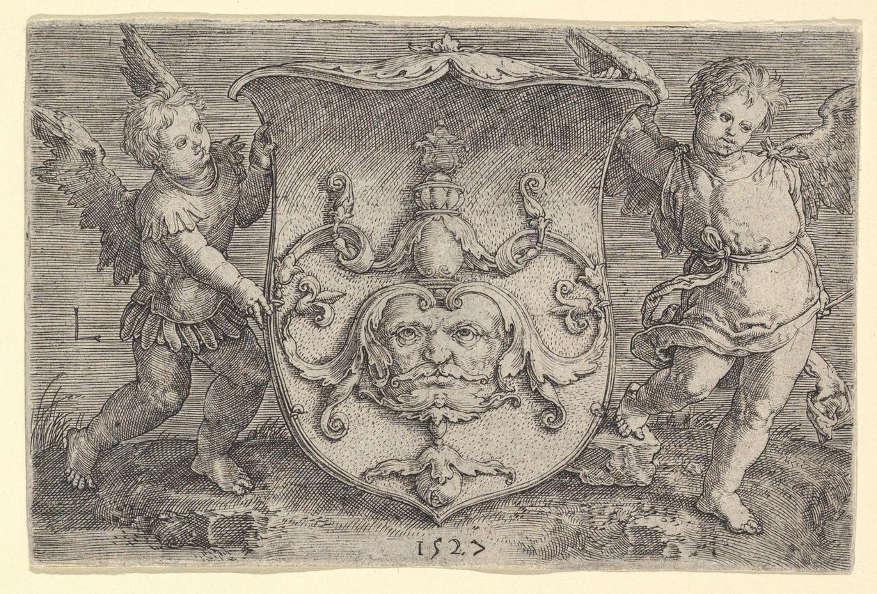 Címer maszkkal, két Genii birtokában, 1527. alkotó: Lucas van Leyden