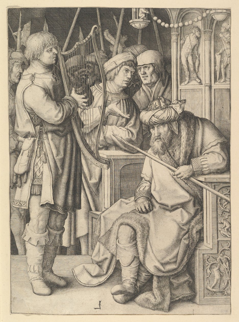 Dávid hárfán játszik Sául előtt alkotó: Lucas van Leyden