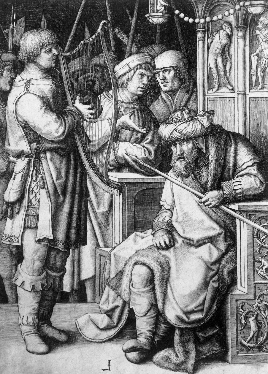 Dávid hárfán játszik Saul király előtt, 1508 körül, Lucas van Leyden (kb. 1494-1533), metszet alkotó: Lucas van Leyden