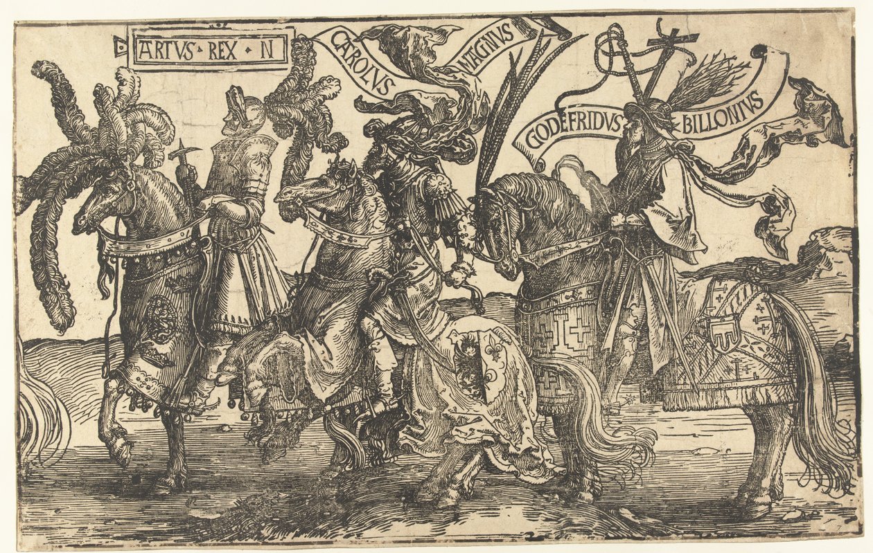 A hősök Arthur király, Nagy Károly és Bouillon Godfrey The Nine Heroes (sorozat címe) alkotó: Lucas van Leyden