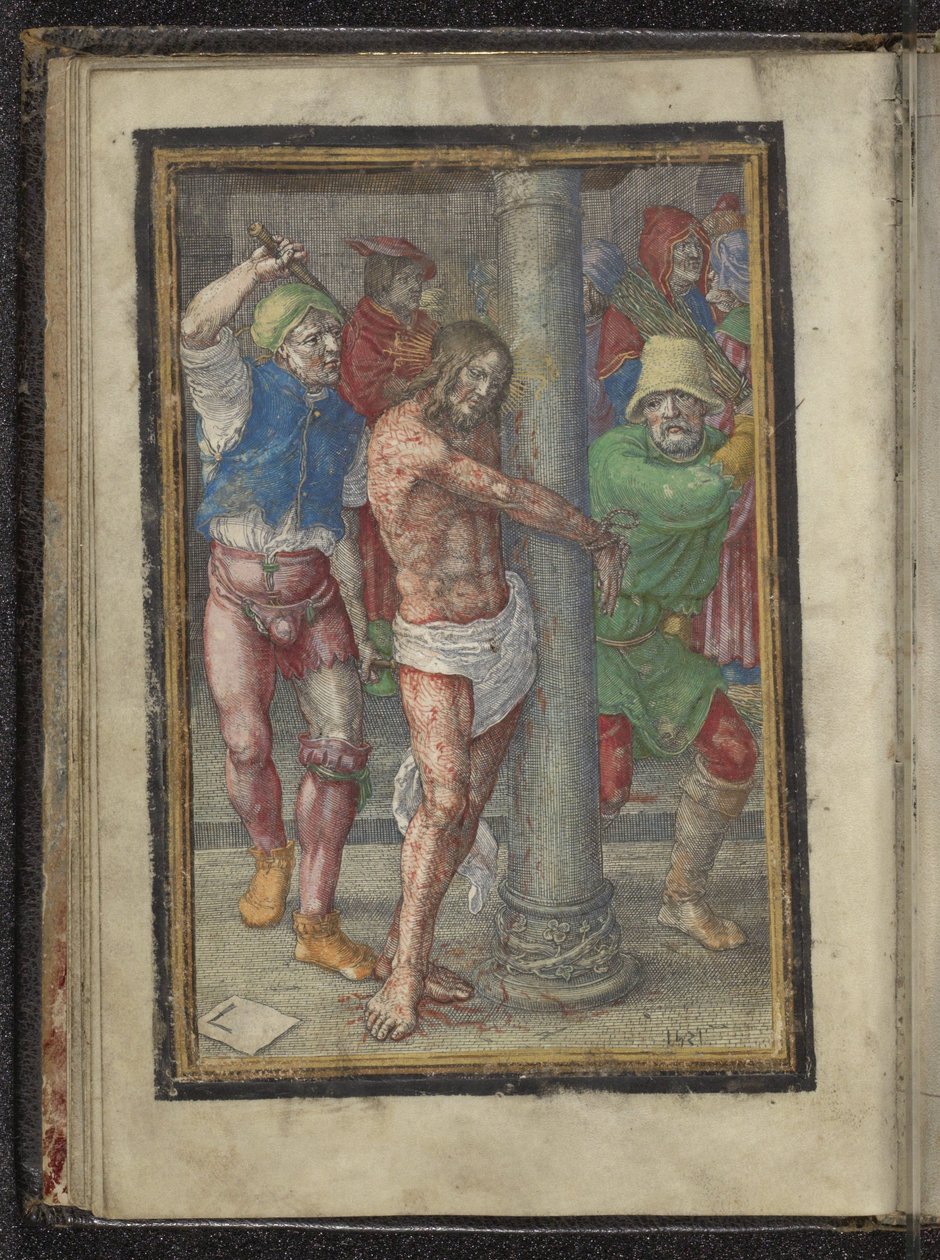 Korbácsolás Krisztus szenvedése (sorozat címe) alkotó: Lucas van Leyden