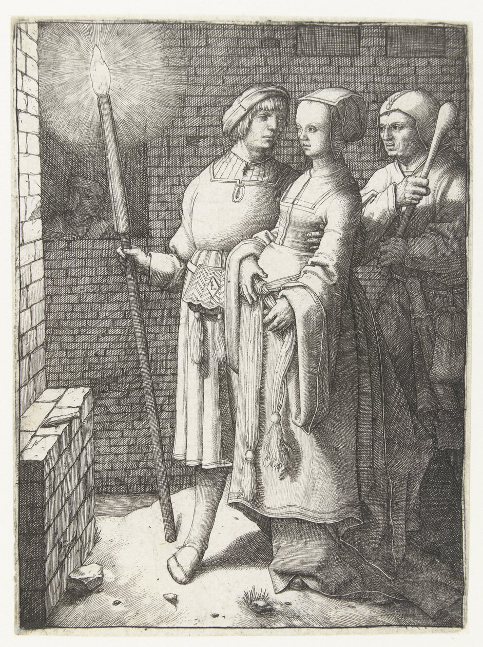 Fiatal férfi fáklyával, nővel és narrával alkotó: Lucas van Leyden