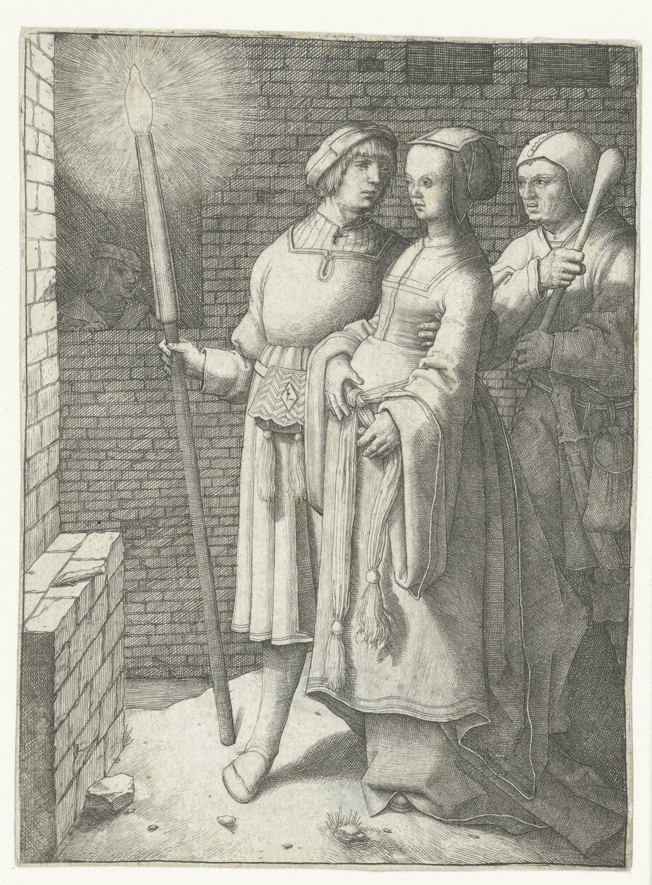 Fiatal férfi fáklyával, nővel és narrával alkotó: Lucas van Leyden