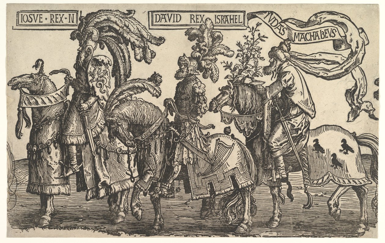 Joshua, David és Judas Maccabee, a Kilenc hősből, kb. 1520. alkotó: Lucas van Leyden