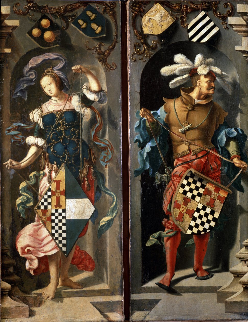 A jerikói vak gyógyítása (oldalsó panel). A jerikói vak ember gyógyulása. Két címert tartó alak. Lucas Van Leyden festménye (1489/94-1533) alkotó: Lucas van Leyden