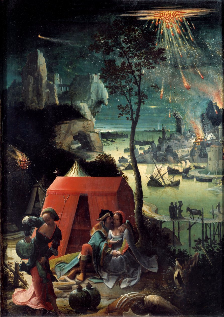 Loth és lányai Loth körülveszi két lányát, menedéket a hegyen, hogy elkerülje Szodoma pusztulását. A meztelen lányok berúgják az apjukat. Lucas van Leyden festménye Lucas de Leiden (Leide) (Lucas Hugensz vagy Lucas Jacobsz) (1494-1533) 16 alkotó: Lucas van Leyden