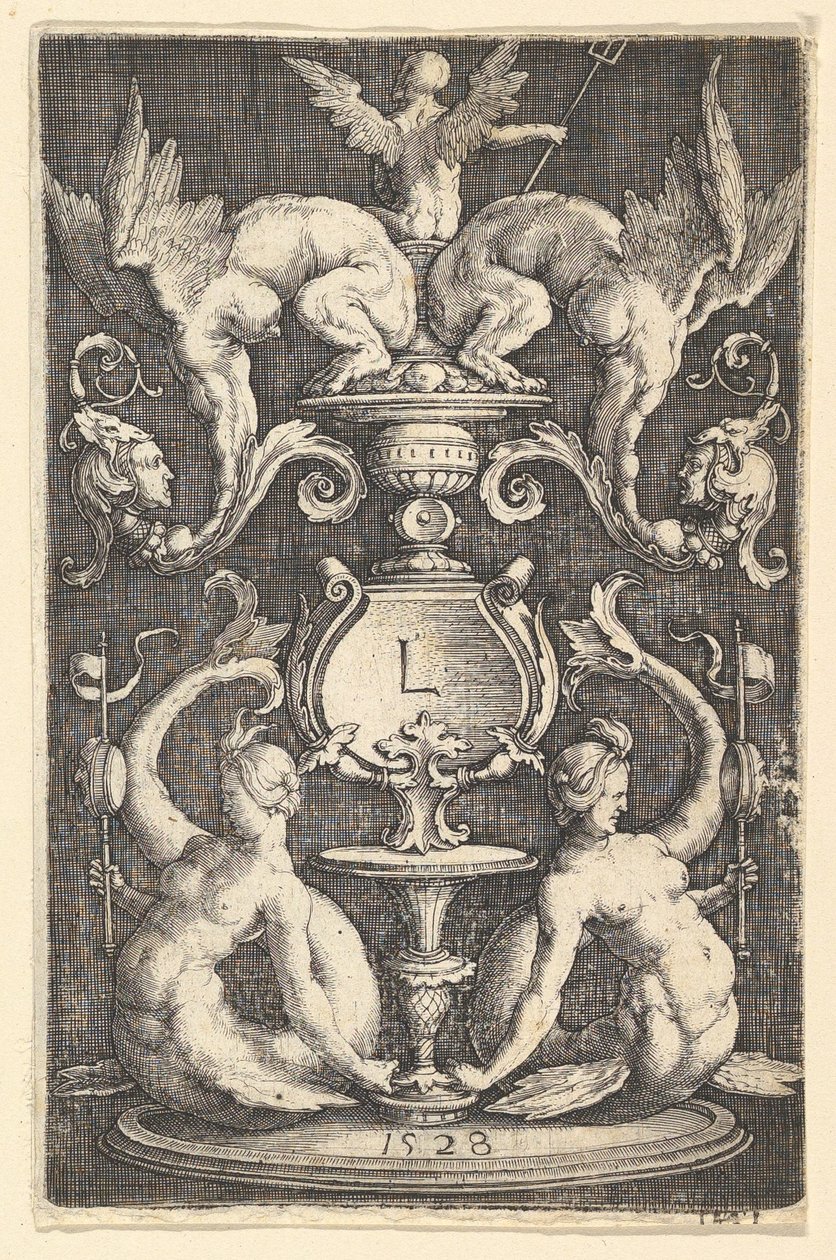 Dísztábla két szirénával, 1528. alkotó: Lucas van Leyden