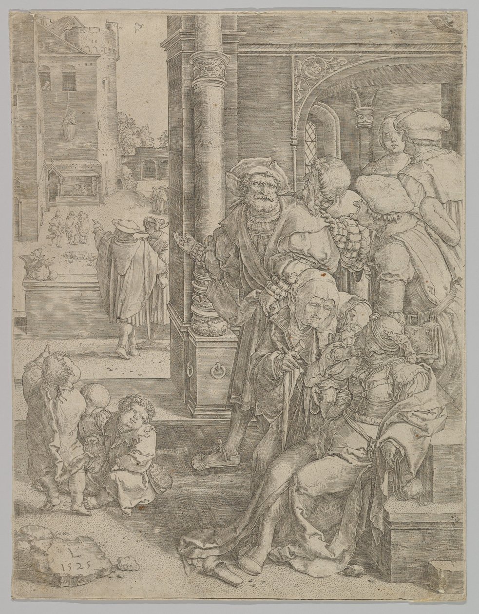 Vergilius költő kosárba függesztve, 1525. alkotó: Lucas van Leyden