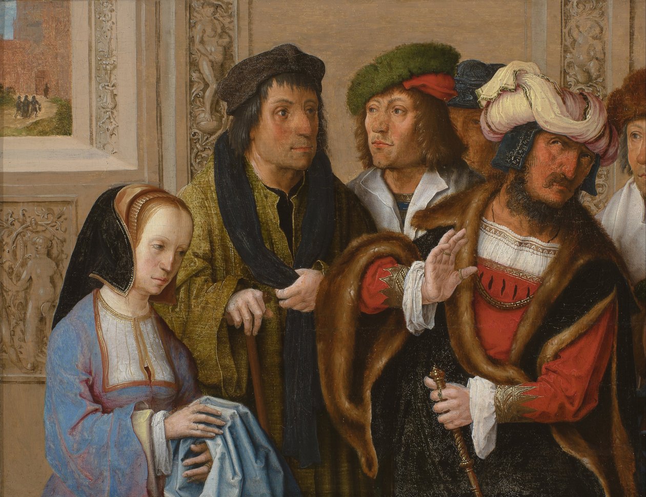 Potifár felesége megmutatja férjének József köpenyét. A háttérben: Józsefet börtönbe viszik alkotó: Lucas van Leyden