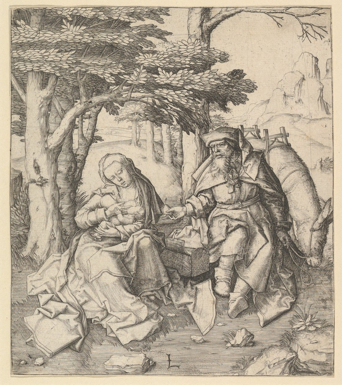 Pihenjen az egyiptomi repülésen, kb. 1506. alkotó: Lucas van Leyden
