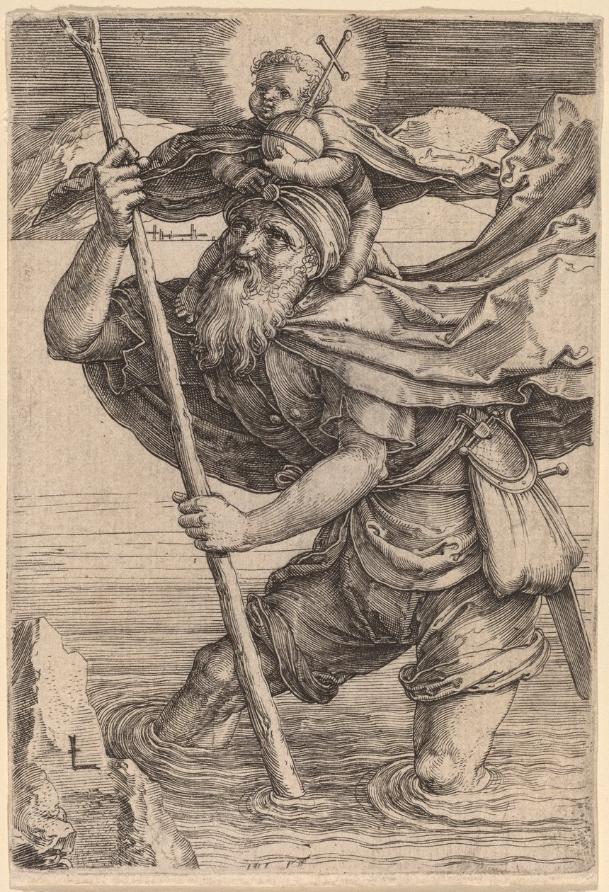 Szent Kristóf, aki hordozza a csecsemő Krisztust alkotó: Lucas van Leyden