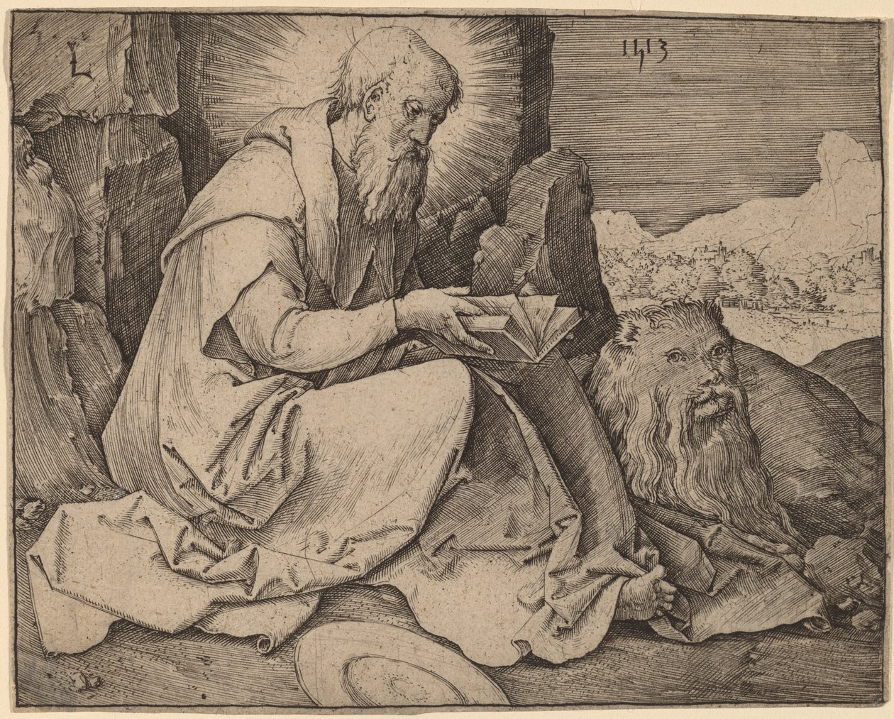 Szent Jeromos egy tájban alkotó: Lucas van Leyden