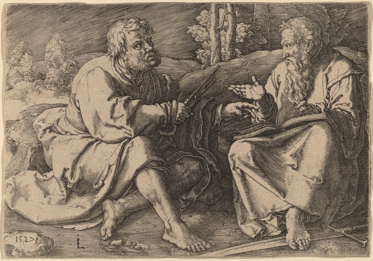 Szent Péter és Pál a tájon ülve alkotó: Lucas van Leyden