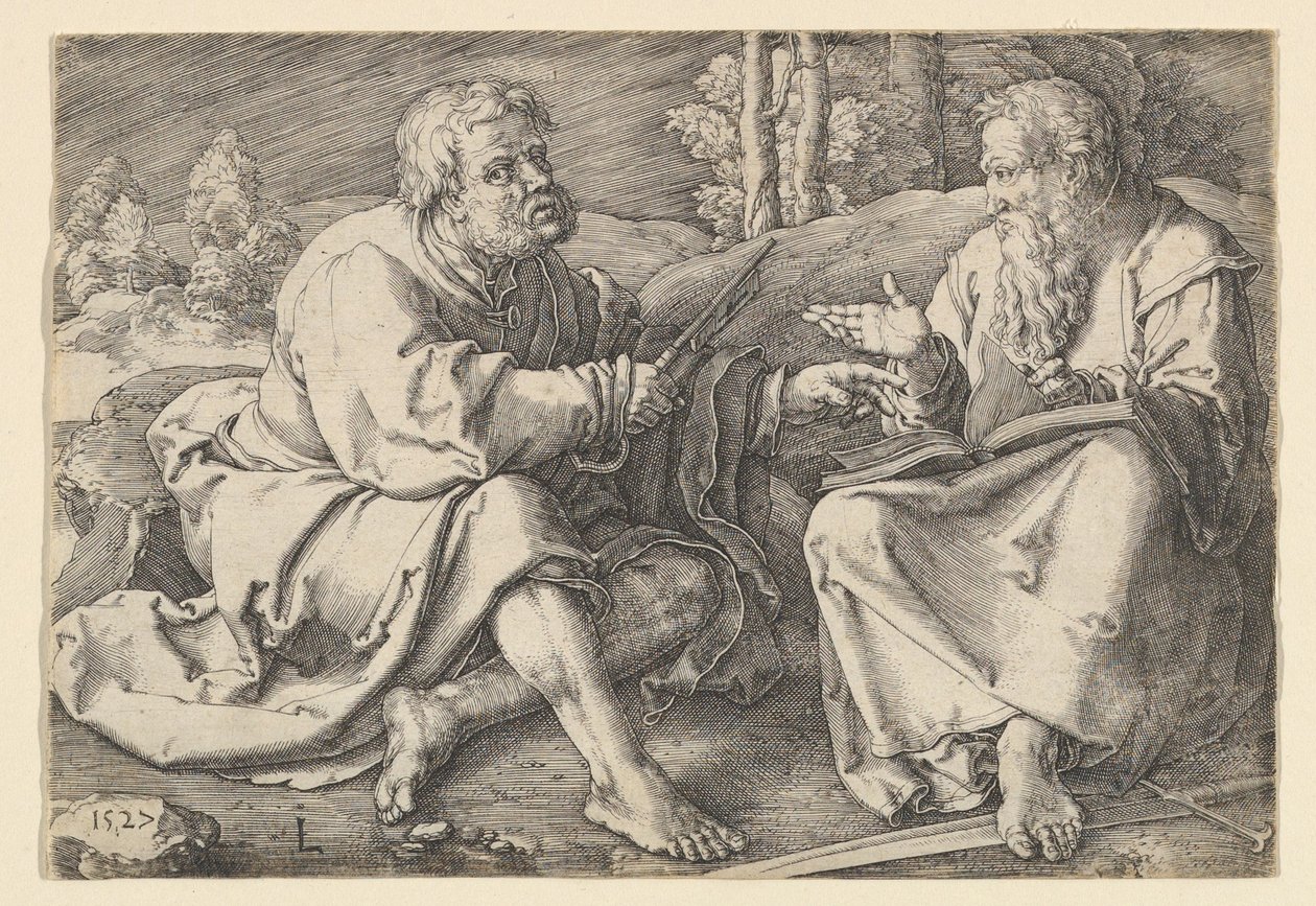 Sts. Péter és Pál egy tájban ülve, 1527. alkotó: Lucas van Leyden