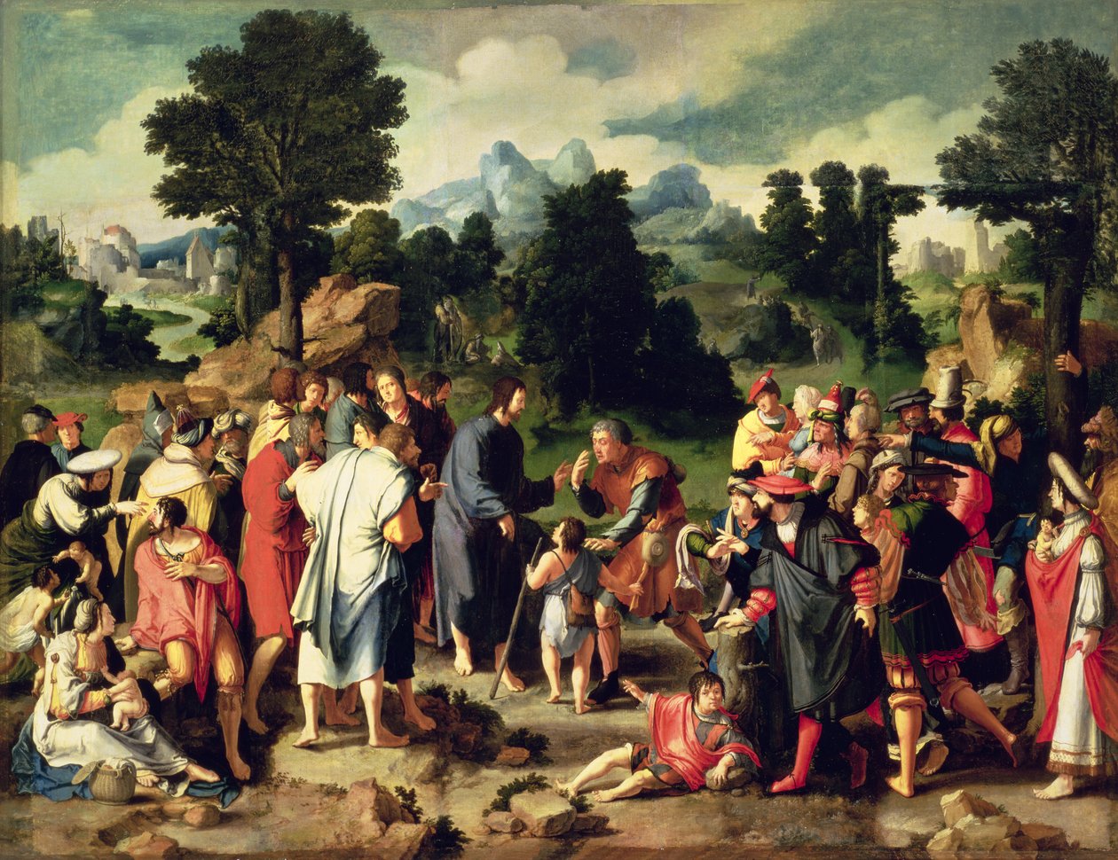 A jerikói vak gyógyítása, triptichon központi táblája, 1531 (a tábláról átvitt olaj, vászon) alkotó: Lucas van Leyden