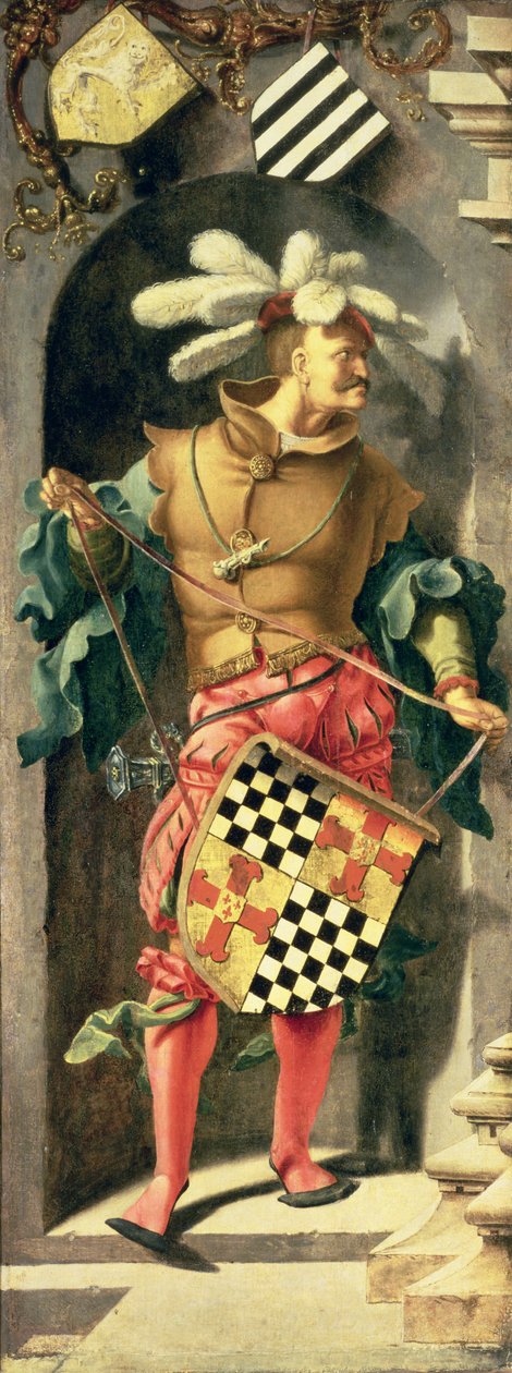 A jerikói vak gyógyulása, a bal oldali triptichon tábla harcost ábrázol a patrónus címerével, 1531 (a tábláról átvitt olaj, vászon) alkotó: Lucas van Leyden