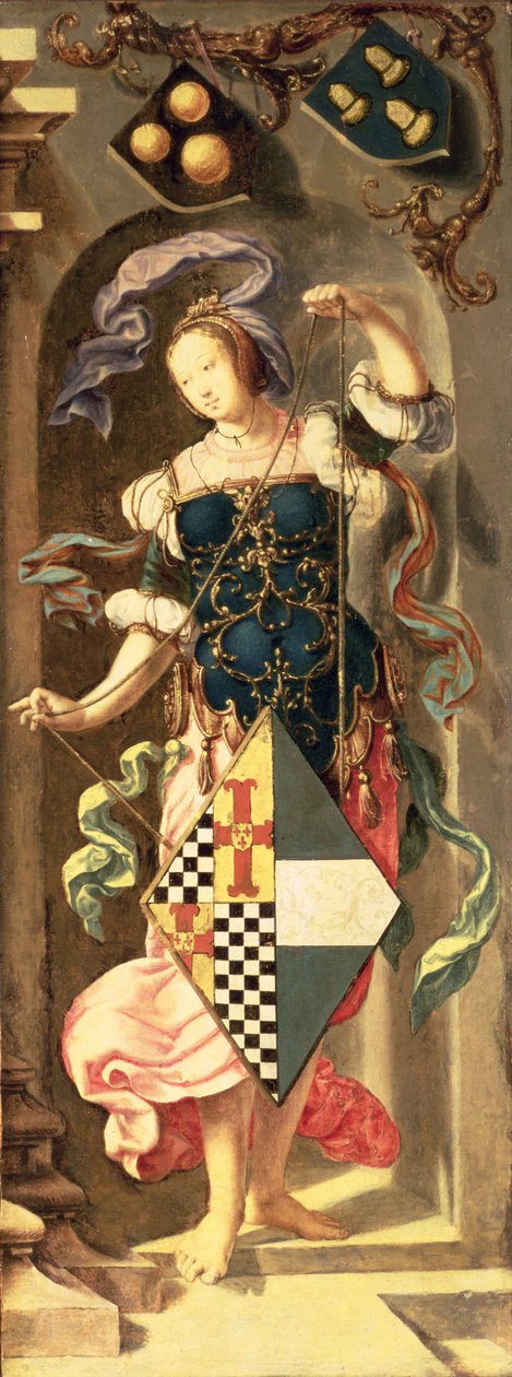 A jerikói vak meggyógyítása, a triptichon jobb oldali táblája, melyen fiatal lány látható a patrónus címerével, 1531 (olaj, vászon, a tábláról átvéve). alkotó: Lucas van Leyden