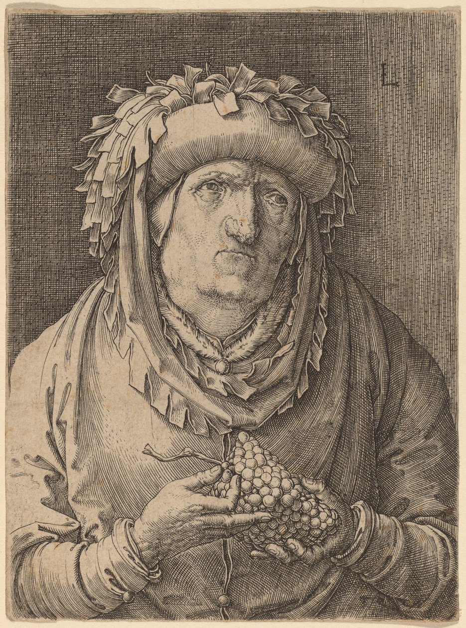 Az öregasszony szőlővel alkotó: Lucas van Leyden