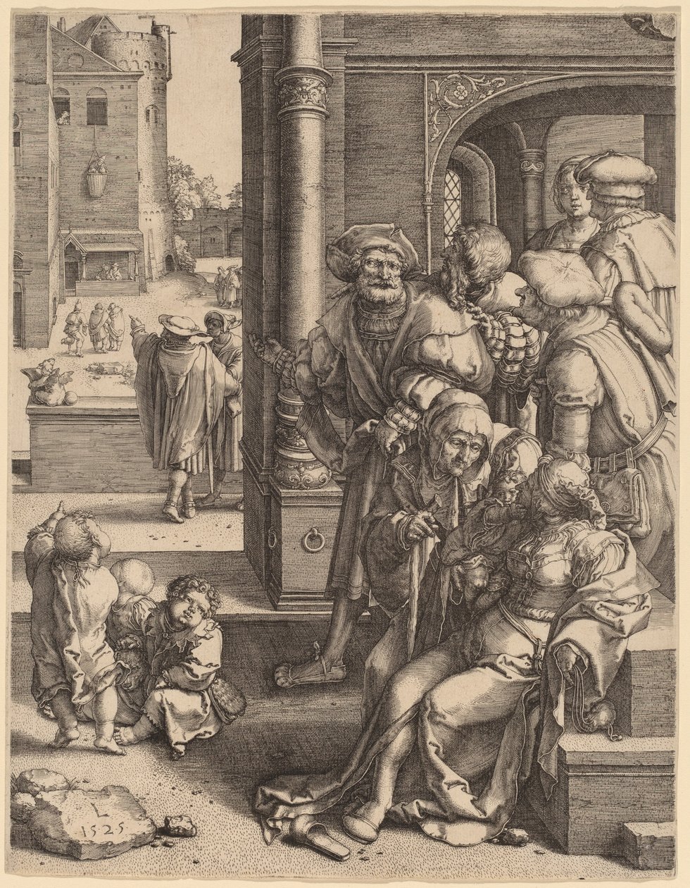 Vergilius költő kosárba függesztve alkotó: Lucas van Leyden