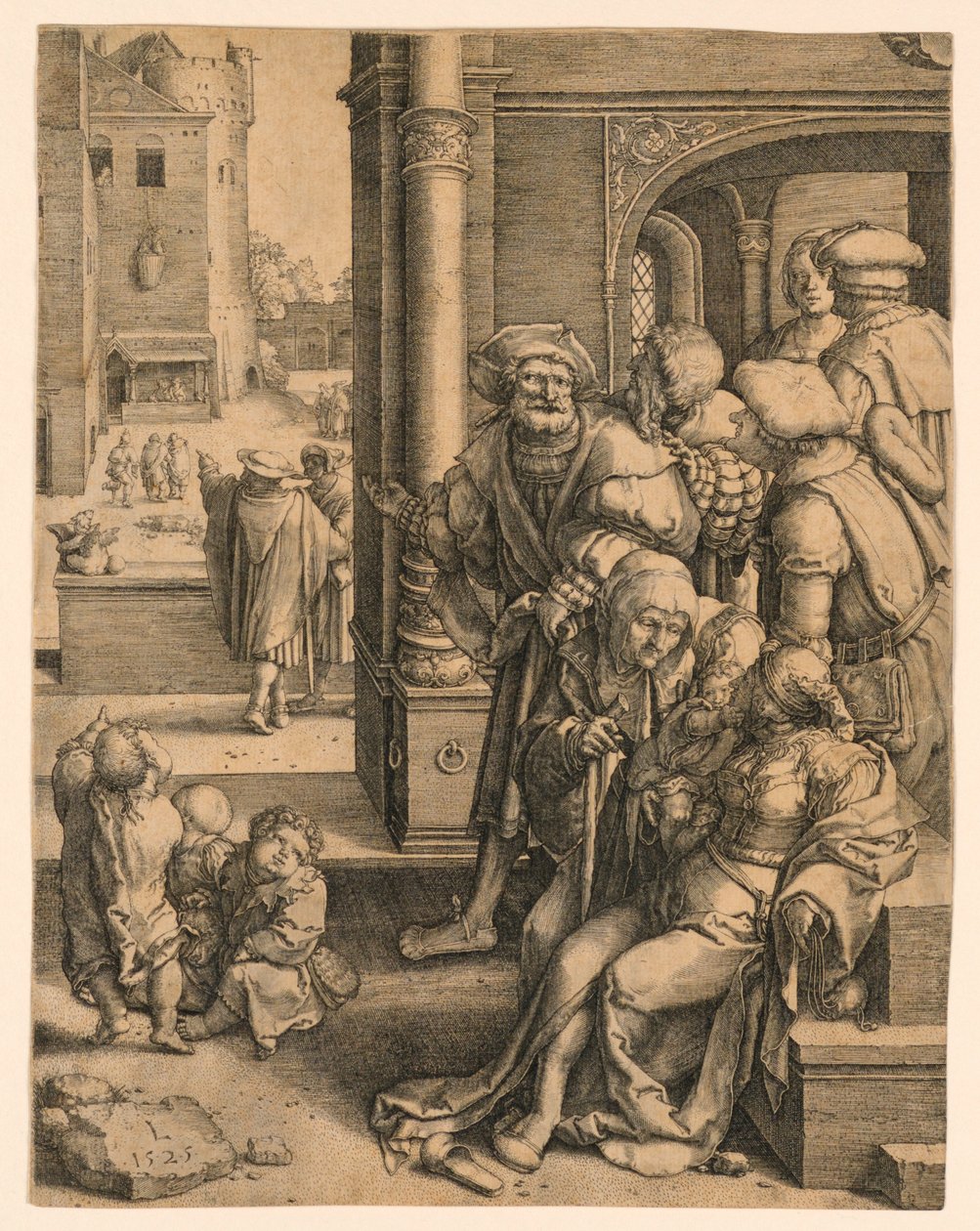 Vergilius költő kosárba függesztve alkotó: Lucas van Leyden
