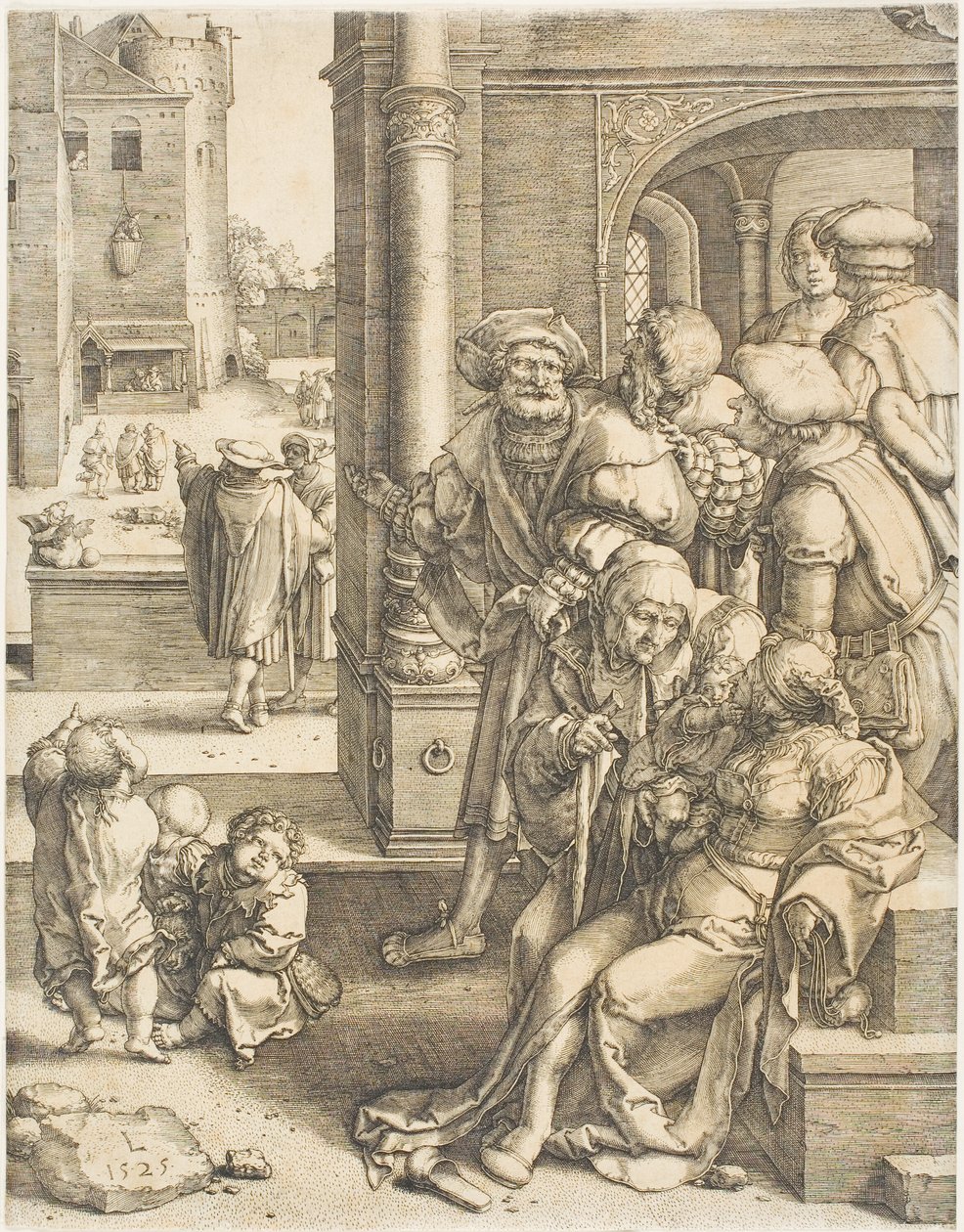 Vergilius költő kosárba függesztve alkotó: Lucas van Leyden