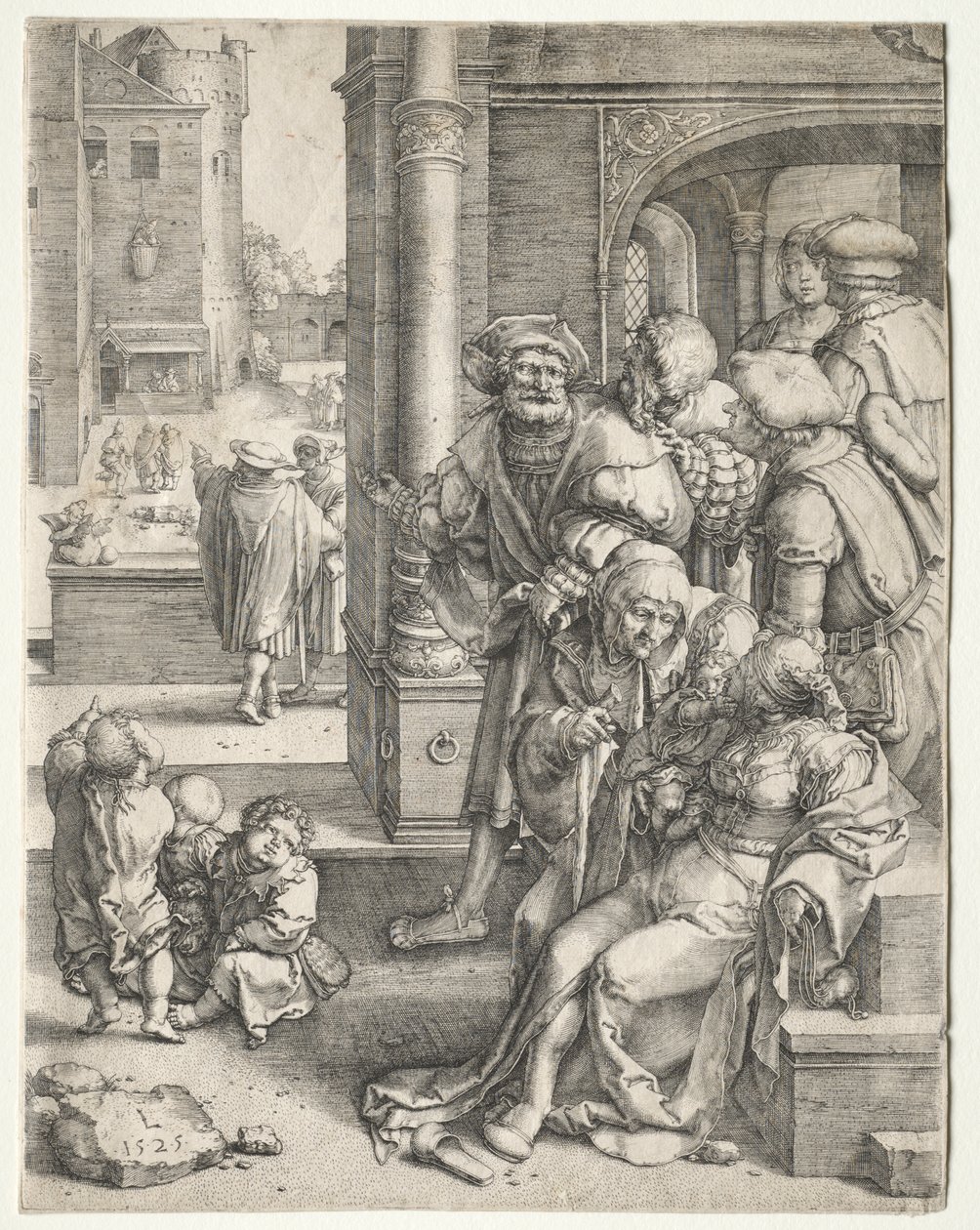 Vergilius költő kosárba függesztve alkotó: Lucas van Leyden