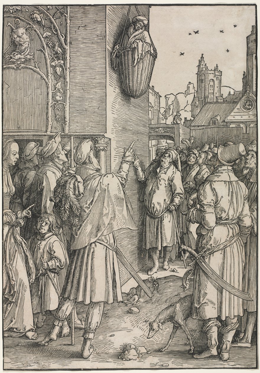 A nők ereje: Vergilius költő kosárba függesztve alkotó: Lucas van Leyden