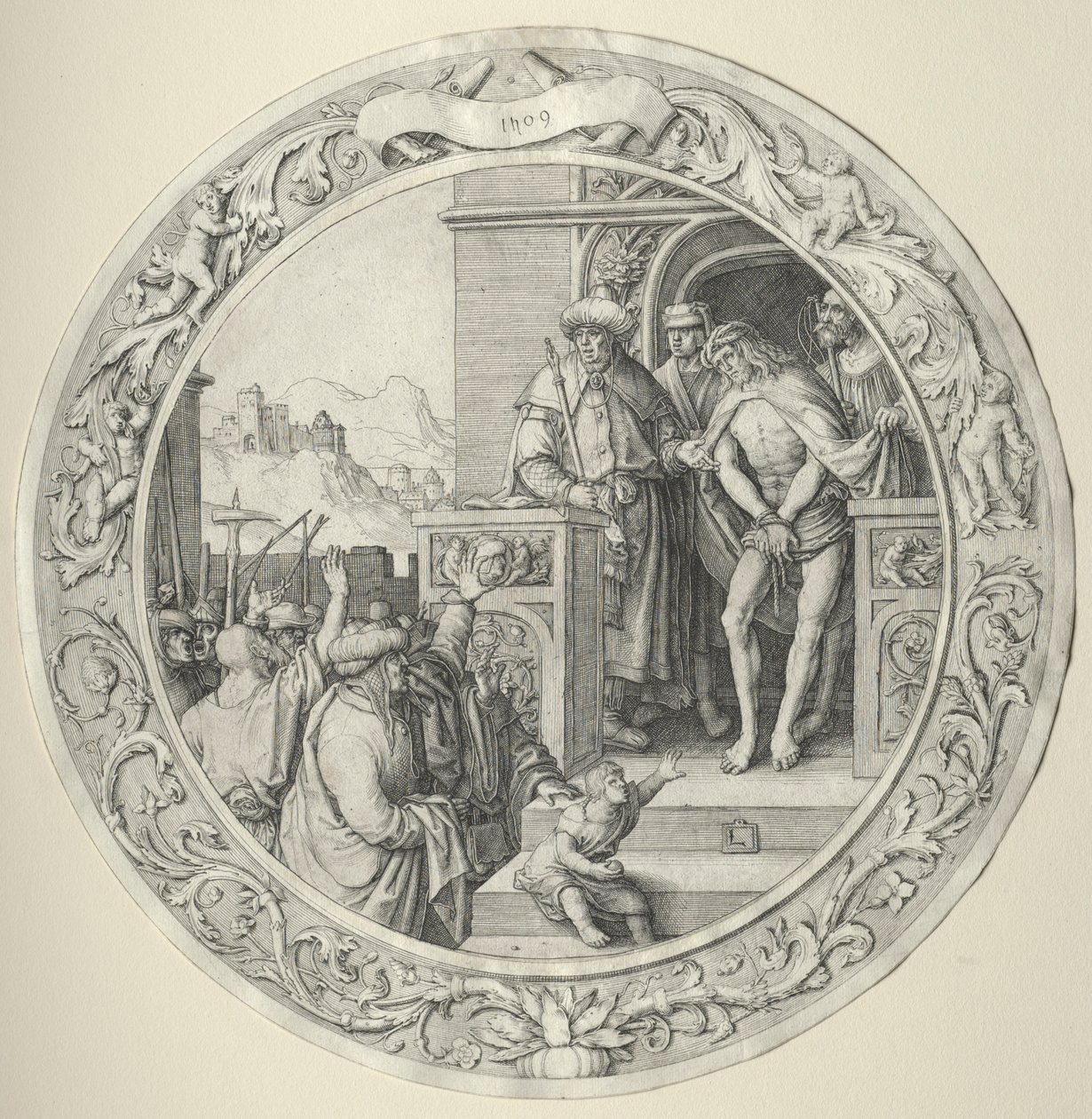 A kerek passió: Krisztus bemutatott a népnek, 1509. alkotó: Lucas van Leyden