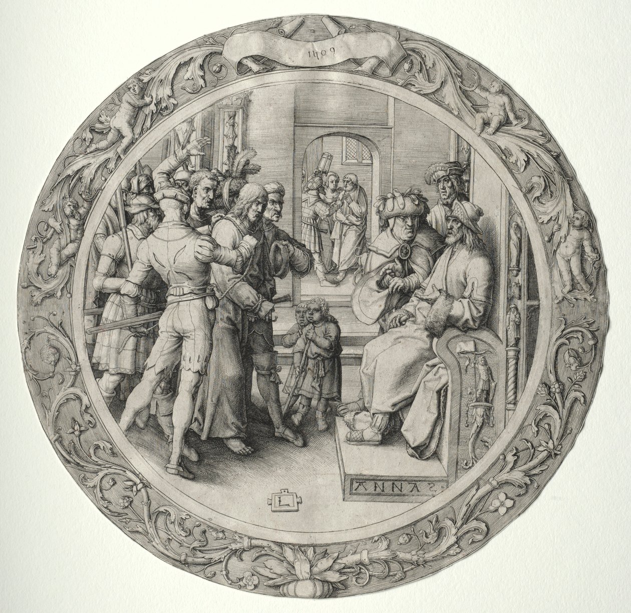 A kerek passió: Krisztus a főpap előtt, 1509. alkotó: Lucas van Leyden